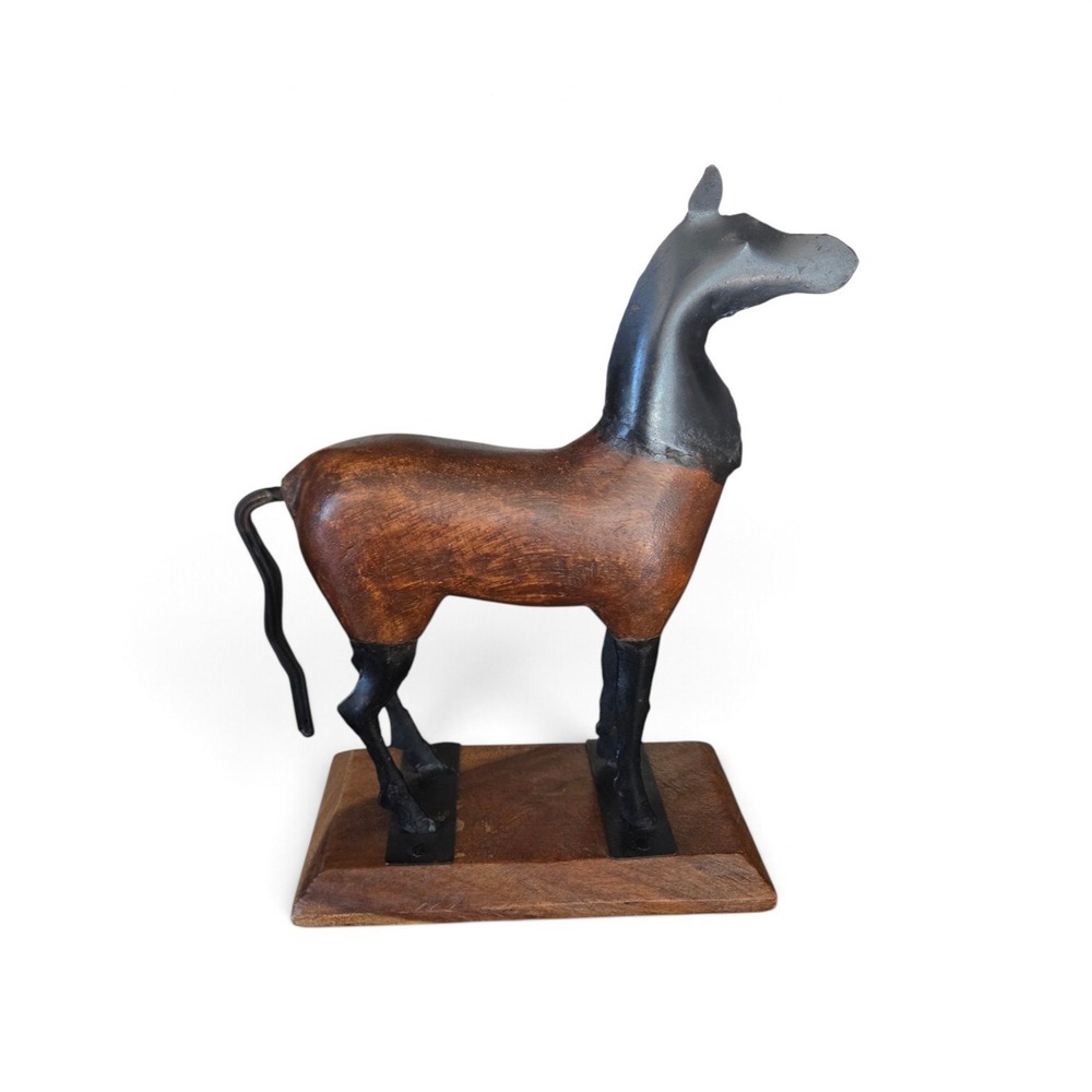 Handcrafted Wood Metal Horse Sculpture India Rustic Folk Art Equestrian Statue